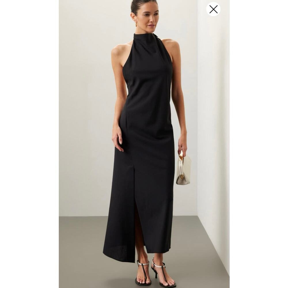 ROHE Black 100% Virgin Wool Halterneck Open Low Back Side Slit Maxi Dress sz 42